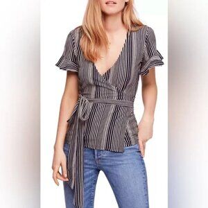 Free People Black & White Wrapped Around my Finger Wrap Short Sleeve Top